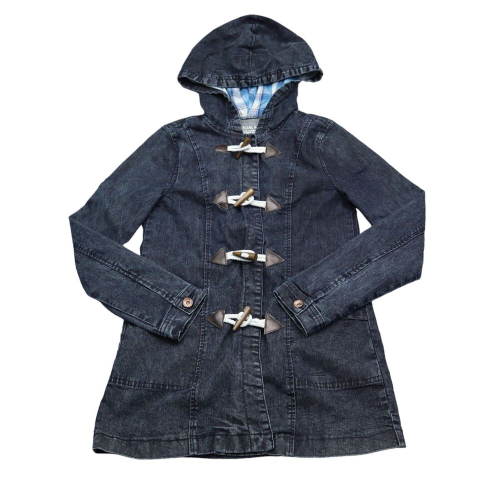 Special A Jacket Womens S Blue Long Sleeve Toggle Denim Hoodie Duffle Coat